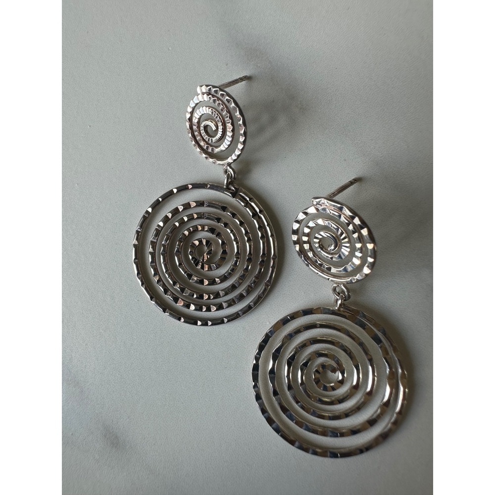 925 Sterling Silver Double Spiral Drop Earrings Diamond Cut Textured Dangle